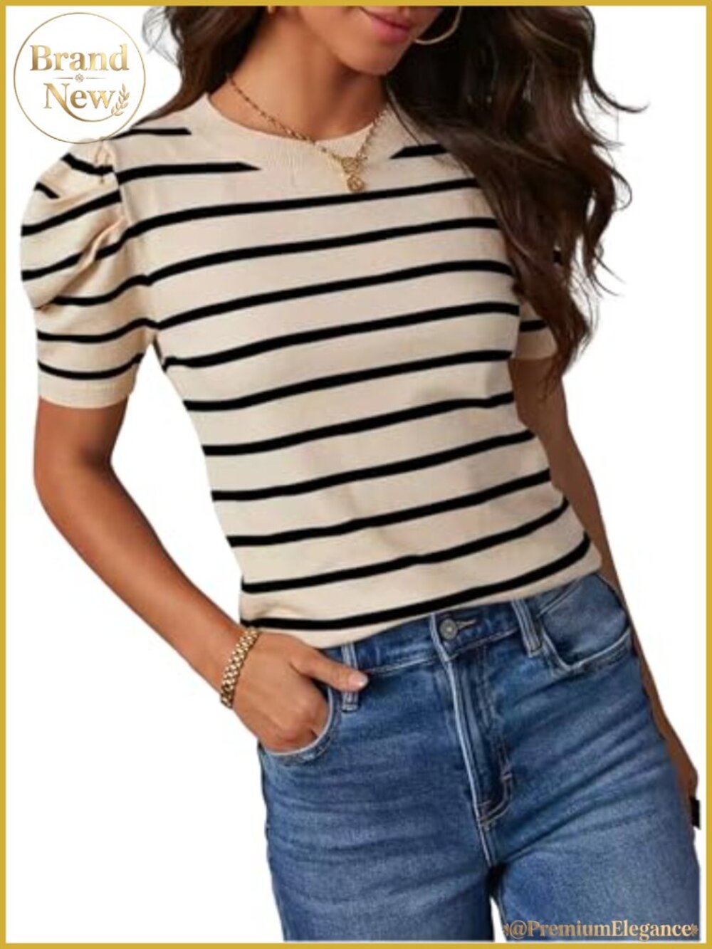 Striped Puff Sleeve Knit Top Women's Short Sleeve Crew Neck Loose Fit Casual